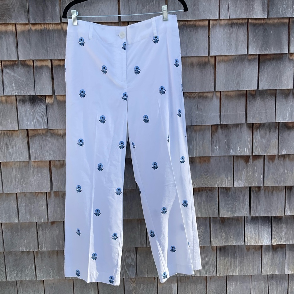 Nicole Miller White Pants with Blue Floral Design